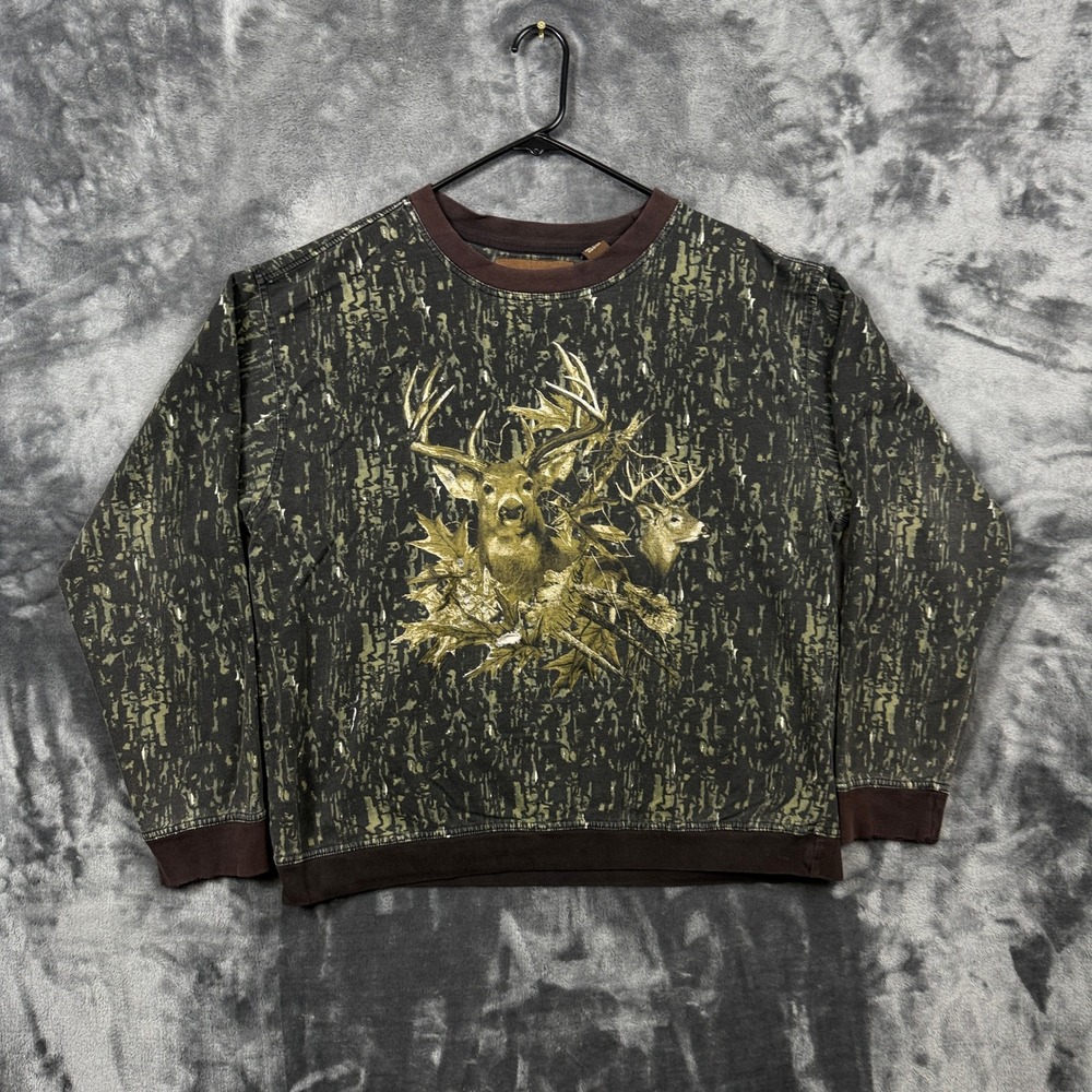 Woodland Trail Sweatshirt Mens L Brown Excellent Deer Camo Graphic Crewneck